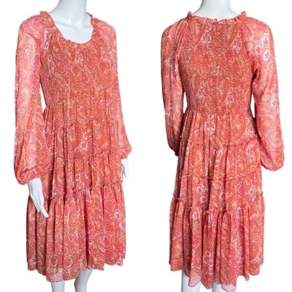 Nwt Jacquie The Label Anthropologie Paisley Blouson Sleeve Smocked Midi Dress L